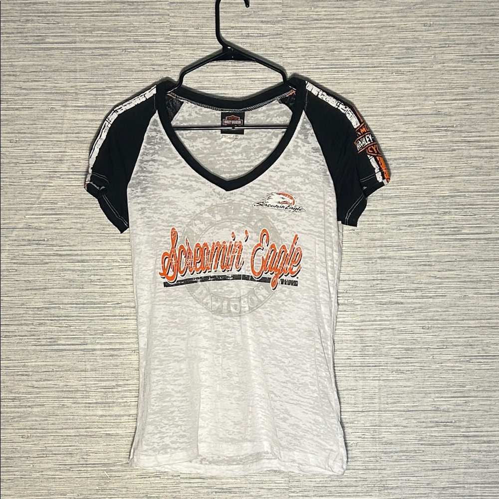 Y2K Harley-Davidson White & Black Distressed V-Neck “Screaming Eagle”, M (209)